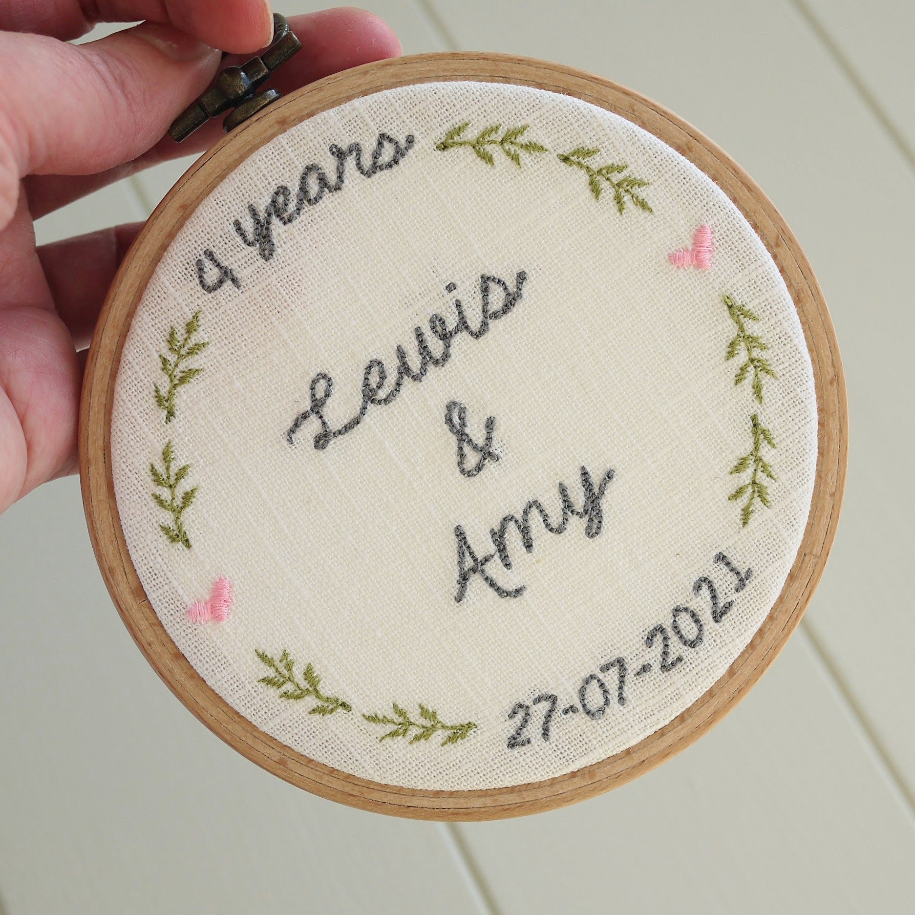 Personalised 4th Linen Anniversary Embroidered Hoop Gift