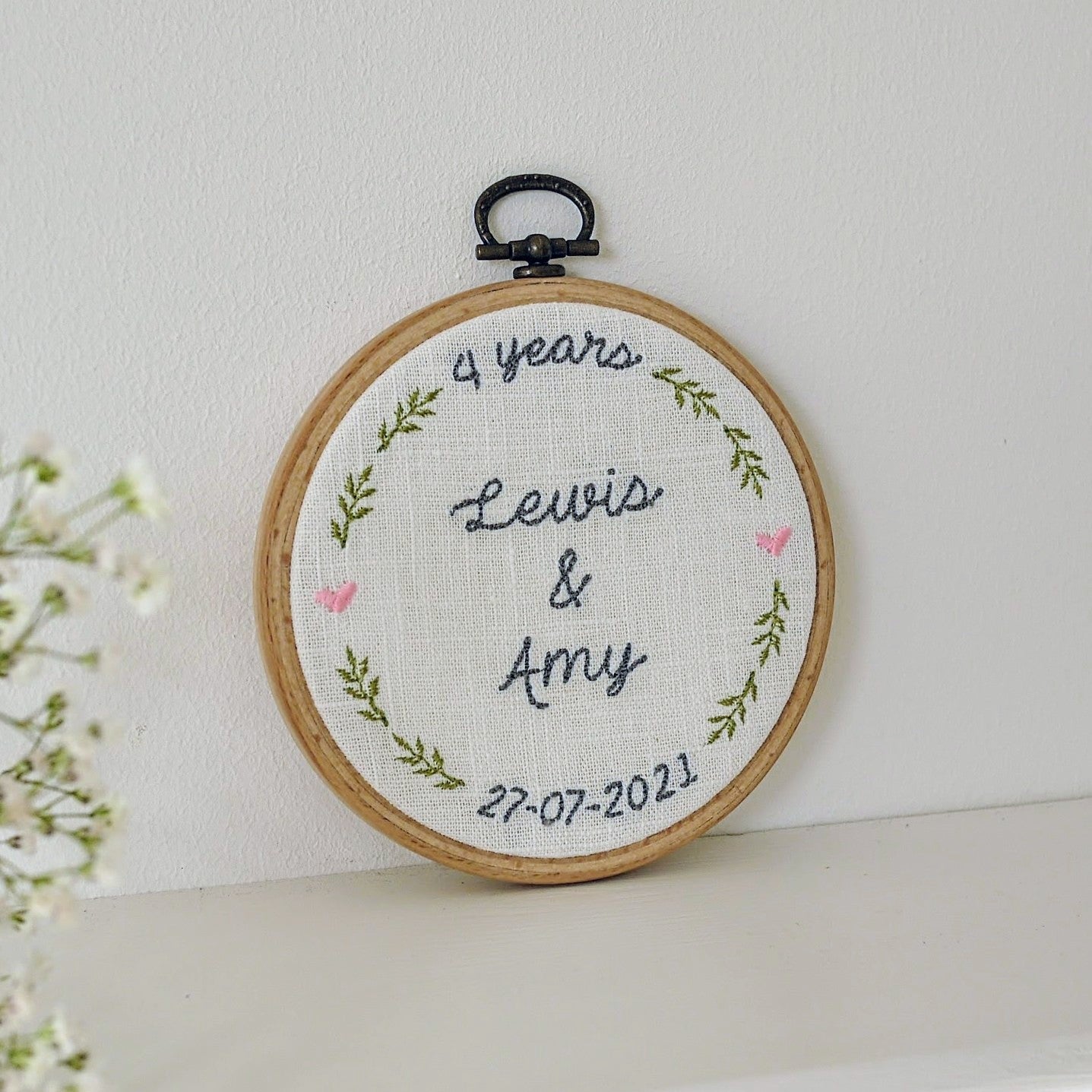 Personalised 4th Linen Anniversary Embroidered Hoop Gift