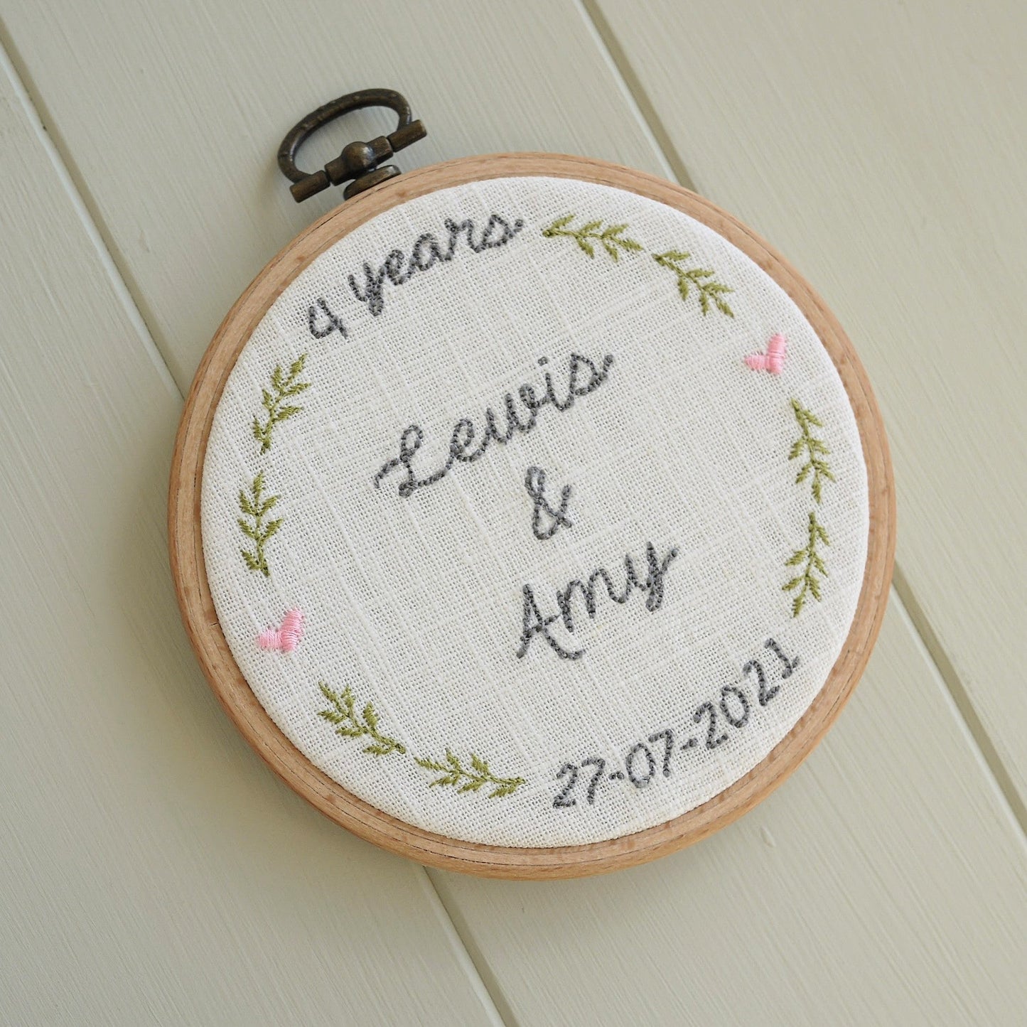 Personalised 4th Linen Anniversary Embroidered Hoop Gift