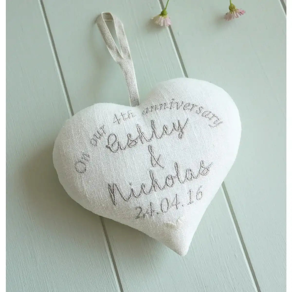 Personalised 4th Linen Anniversary Gift Heart- Embroidered with Custom Message Names and Date