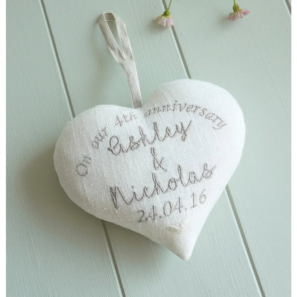 Personalised 4th Linen Anniversary Gift Heart- Embroidered with Custom Message Names and Date