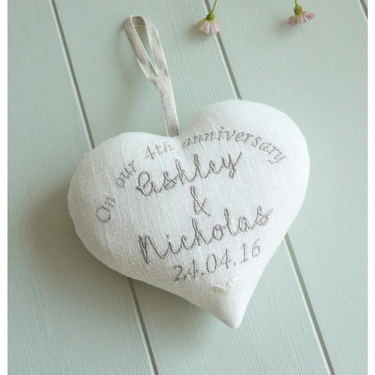 Personalised 4th Linen Anniversary Gift Heart- Embroidered with Custom Message Names and Date