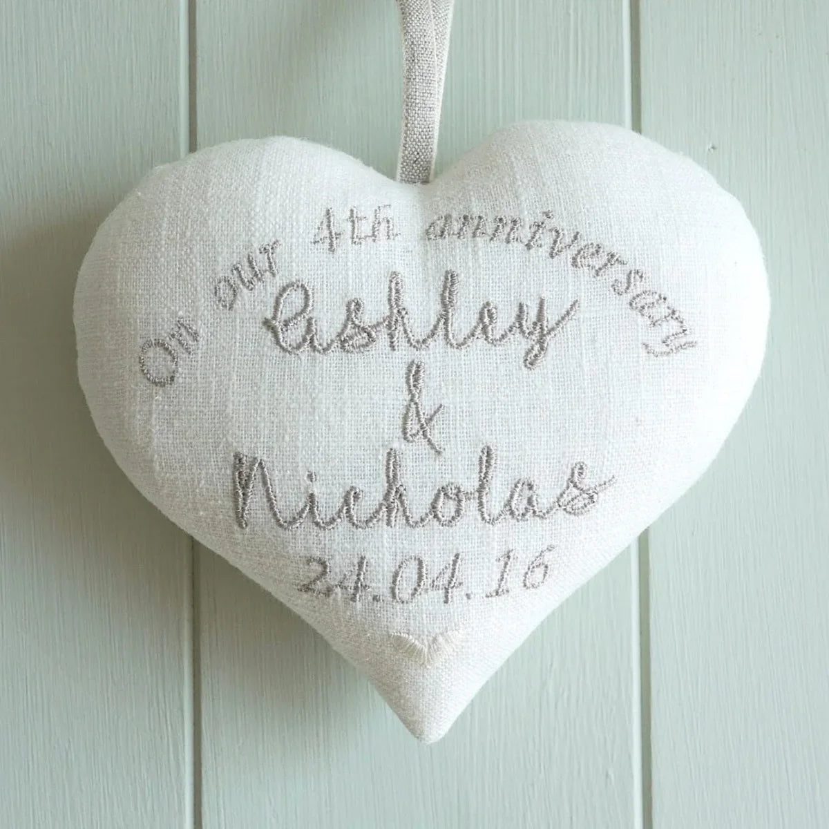Personalised 4th Linen Anniversary Gift Heart- Embroidered with Custom Message Names and Date