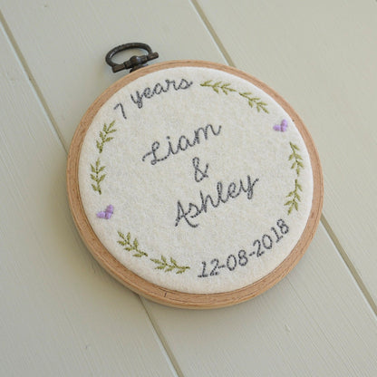 Personalised 7th Wool Anniversary Embroidered Hoop Gift