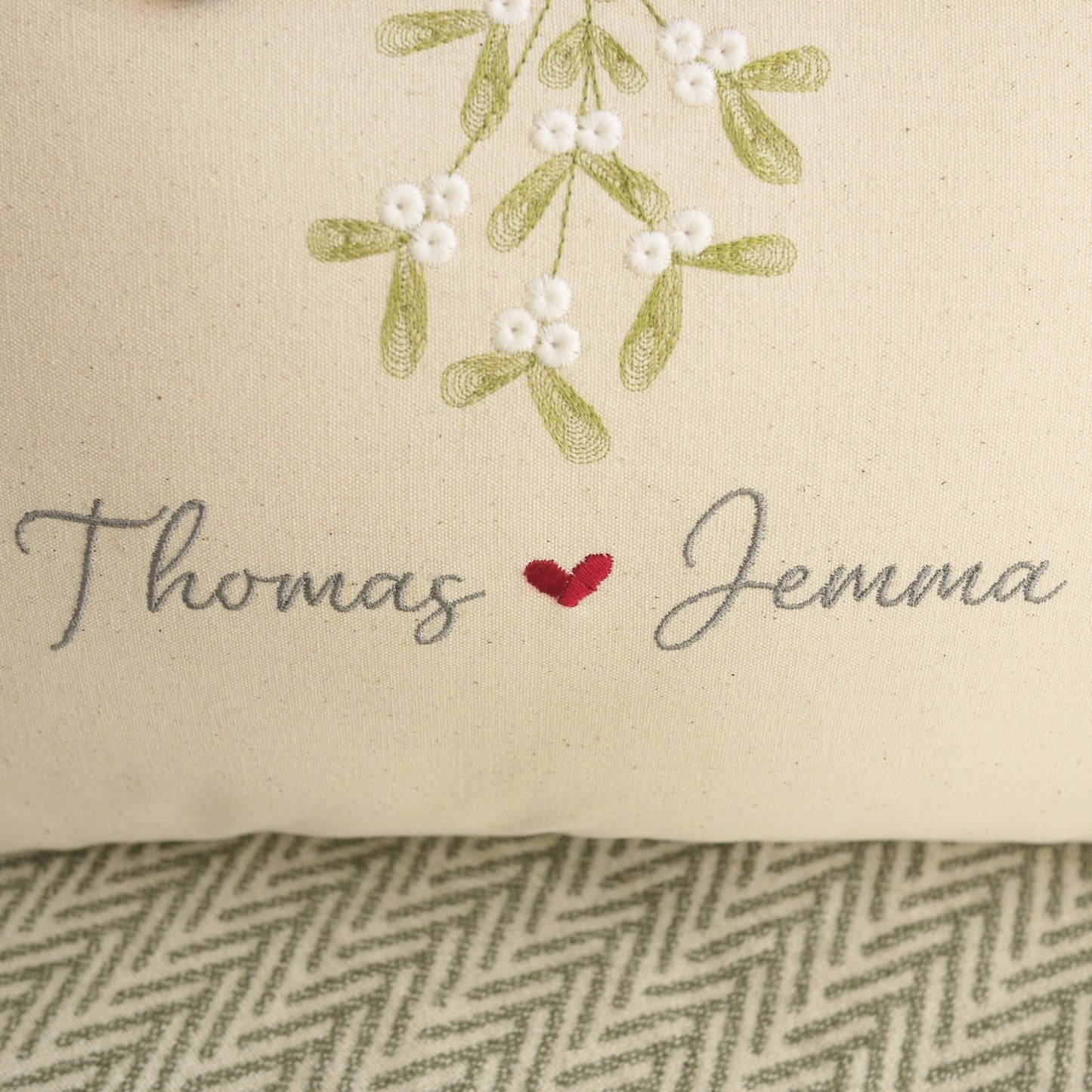 Personalised Christmas Cushion Embroidered with Mistletoe and Couples Names
