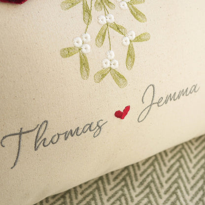 Personalised Christmas Cushion Embroidered with Mistletoe and Couples Names