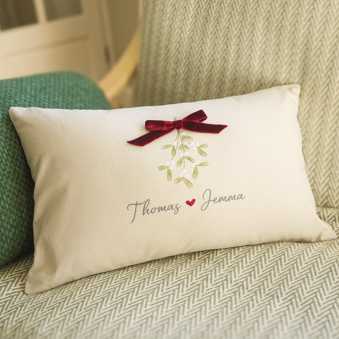 Personalised Christmas Cushion Embroidered with Mistletoe and Couples Names