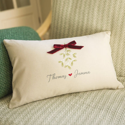 Personalised Christmas Cushion Embroidered with Mistletoe and Couples Names