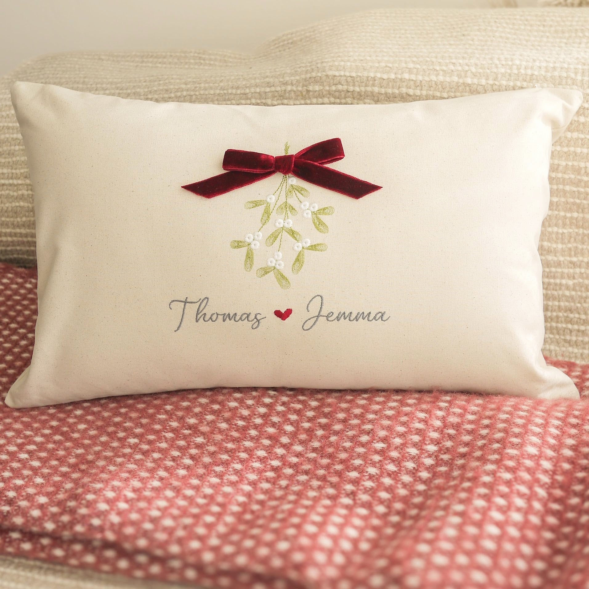 Personalised Christmas Cushion Embroidered with Mistletoe and Couples Names