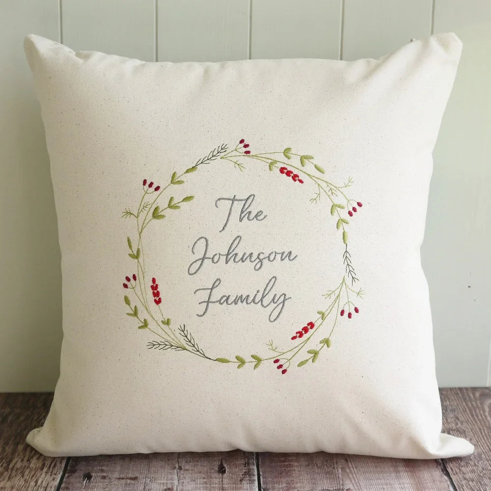 Personalised Christmas Cushion with Embroidered Festive Wreath and Own Message