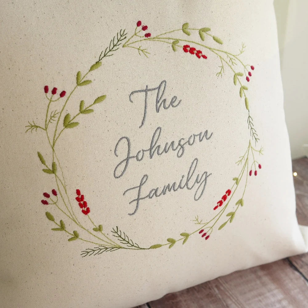 Personalised Christmas Cushion with Embroidered Festive Wreath and Own Message