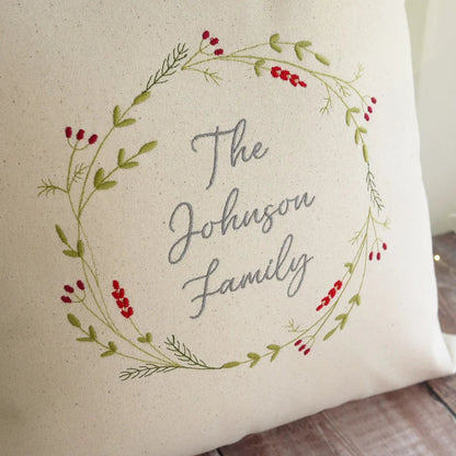 Personalised Christmas Cushion with Embroidered Festive Wreath and Own Message