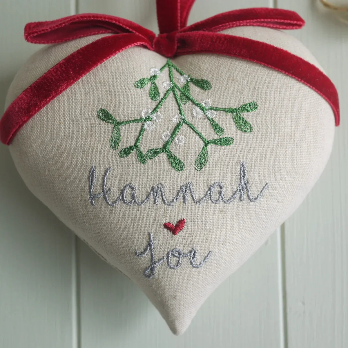 Personalised Christmas Heart Gift for Couple - Mistletoe and Red Ribbon