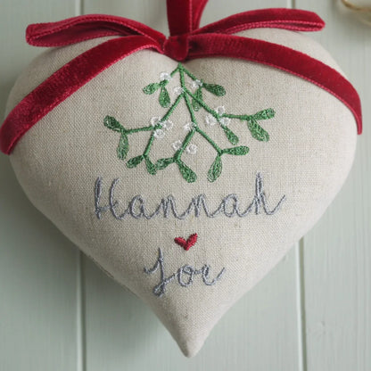 Personalised Christmas Heart Gift for Couple - Mistletoe and Red Ribbon