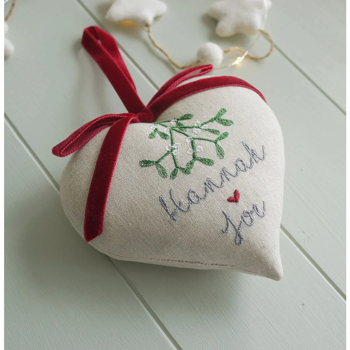 Personalised Christmas Heart Gift for Couple - Mistletoe and Red Ribbon