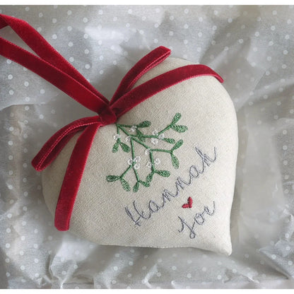 Personalised Christmas Heart Gift for Couple - Mistletoe and Red Ribbon