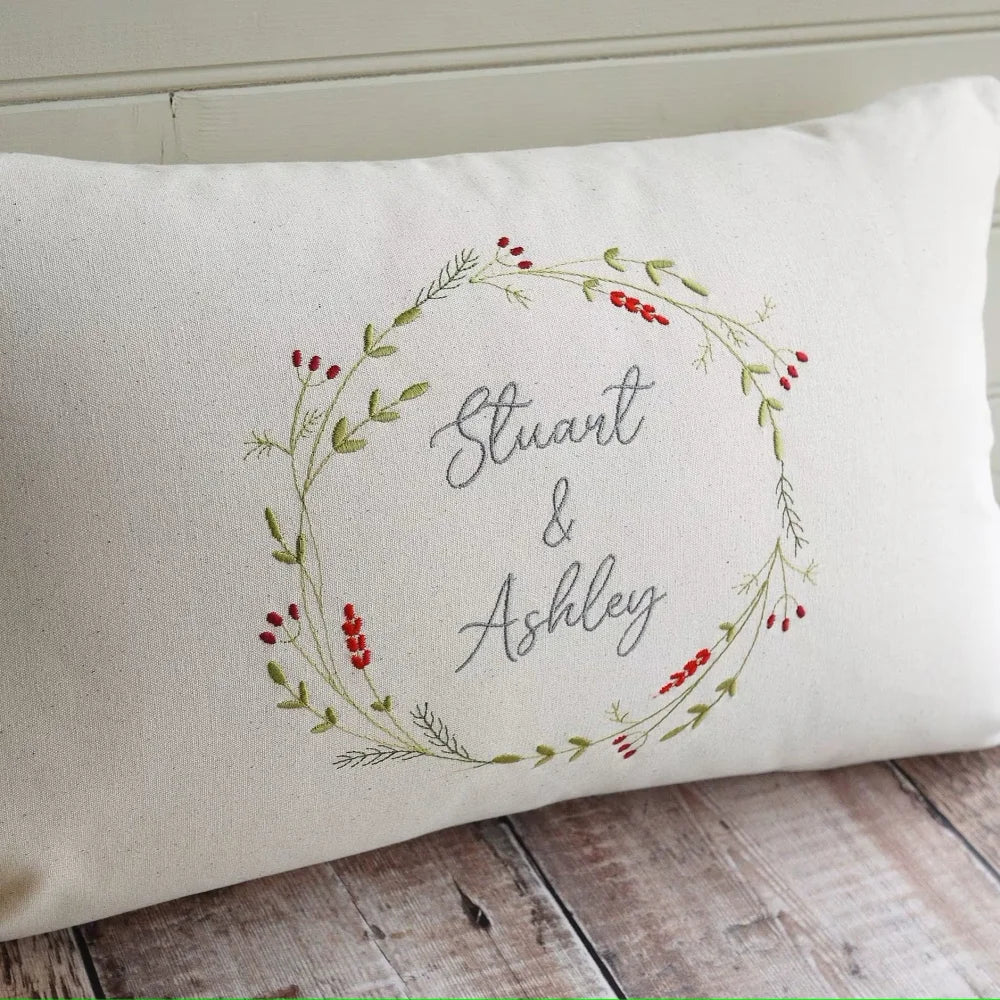 Personalised Embroidered Christmas Wreath Cushion with Your Own Message