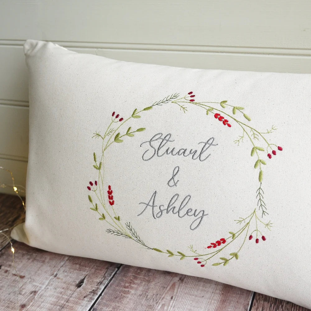 Personalised Embroidered Christmas Wreath Cushion with Your Own Message