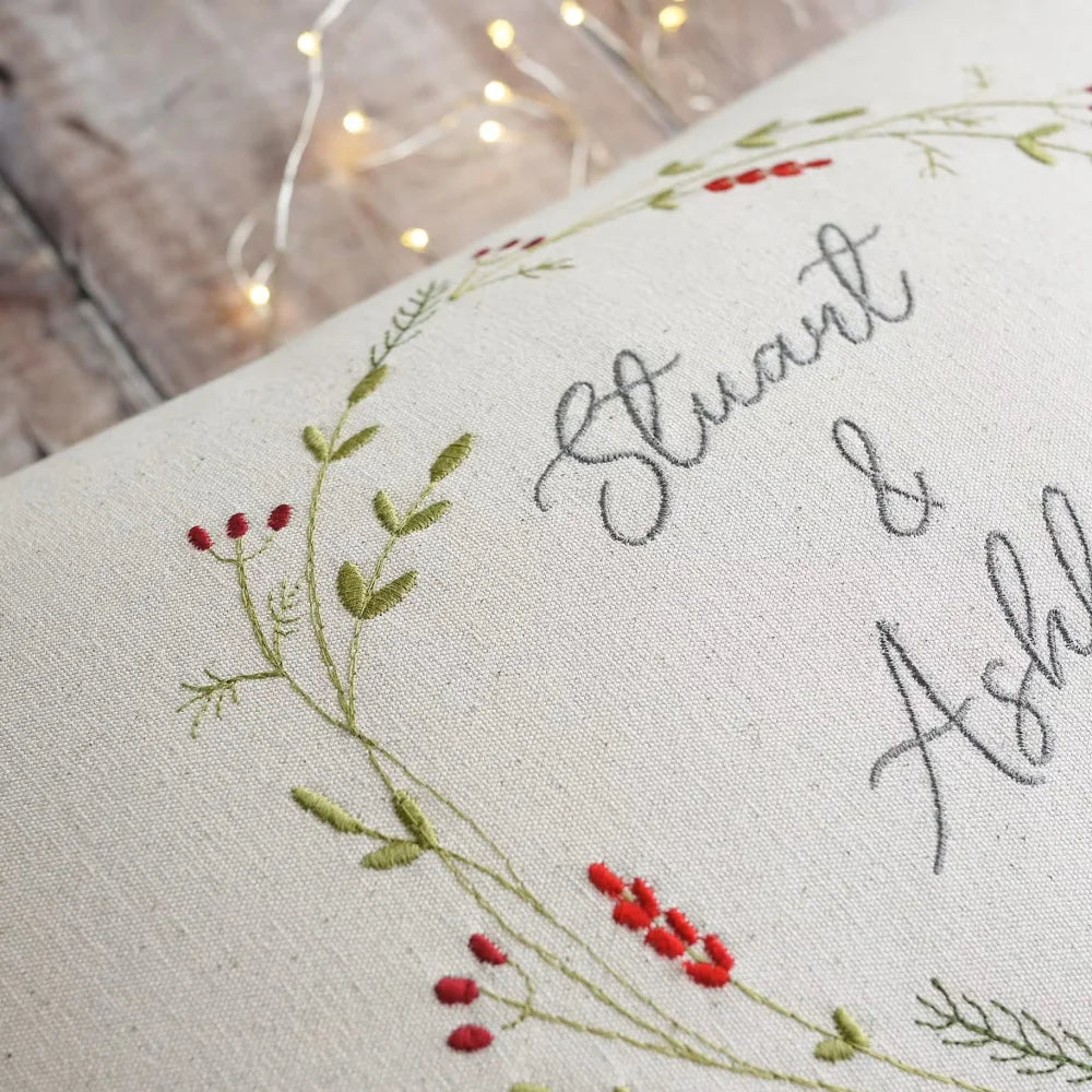 Personalised Embroidered Christmas Wreath Cushion with Your Own Message