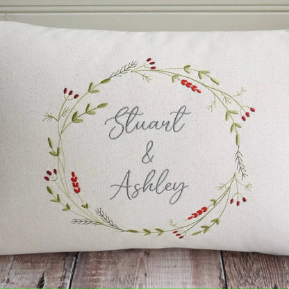 Personalised Embroidered Christmas Wreath Cushion with Your Own Message