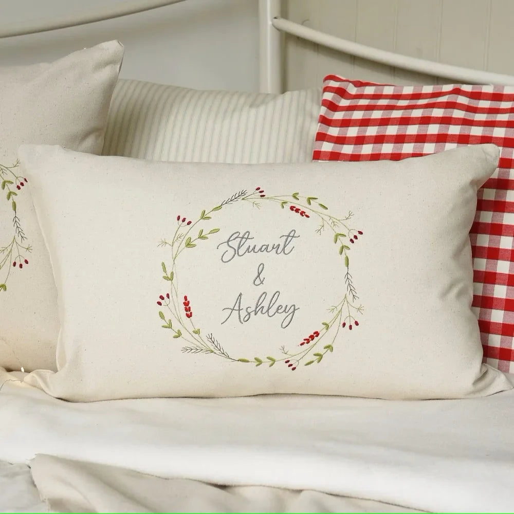 Personalised Embroidered Christmas Wreath Cushion with Your Own Message