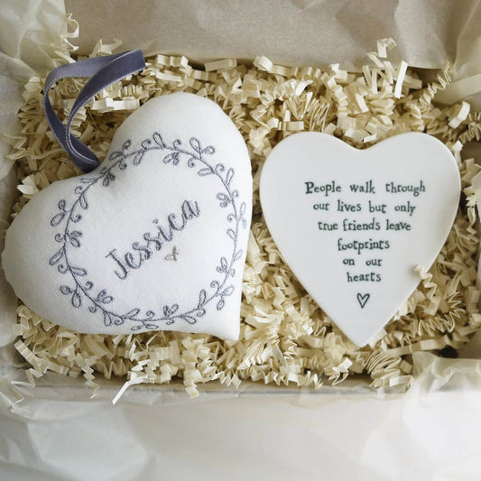 Personalised Embroidered Heart Gift with Porcelain Keepsake - Add Custom Name