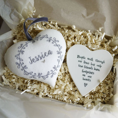 Personalised Embroidered Heart Gift with Porcelain Keepsake - Add Custom Name
