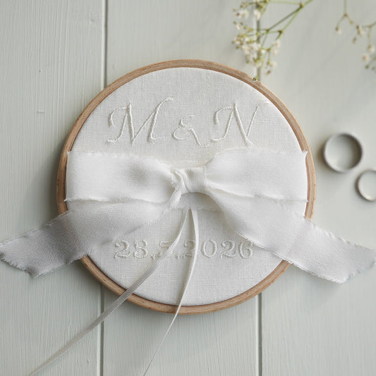 Personalised Embroidered Wedding Ring holder | Coloured Frayed Edge Ribbon