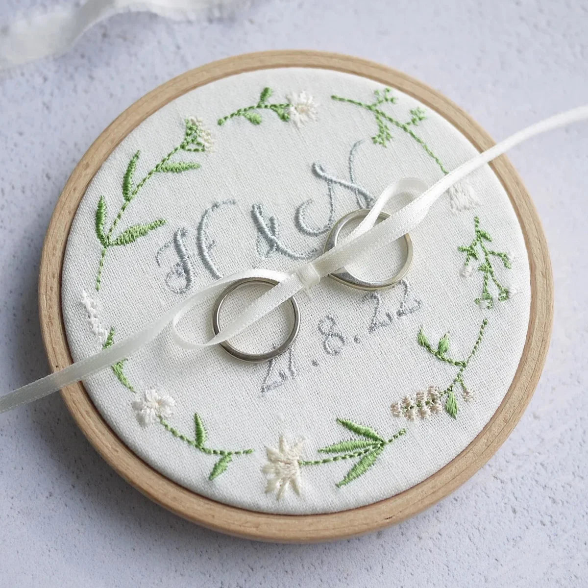 Personalised Embroidered Wedding Ring Holder with cream and neutral Wildflower Design