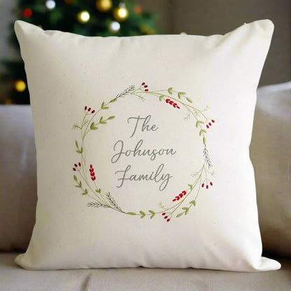 Personalised Family Christmas Embroidered Cushion with Festive Wreath