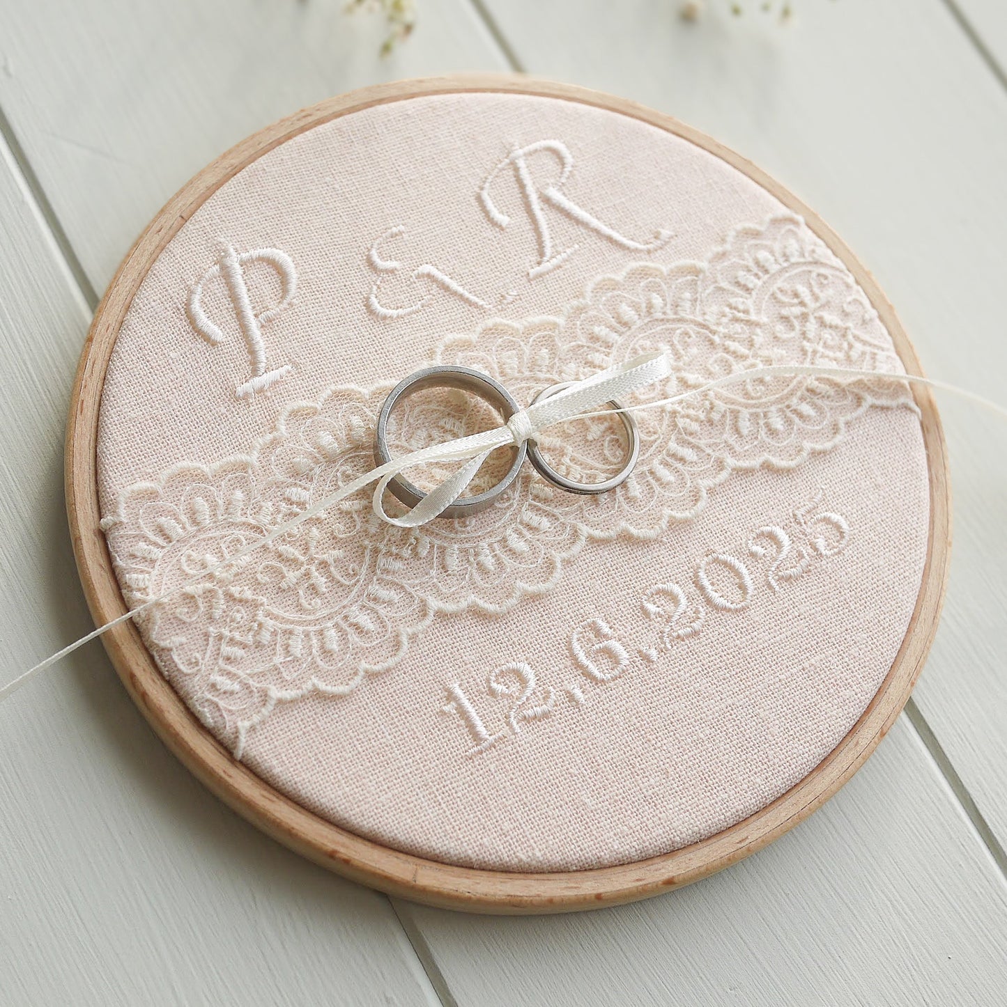 Personalised Lace Wedding Ring Holder | Blush Pink Embroidered Lace Ring Pillow Alternative
