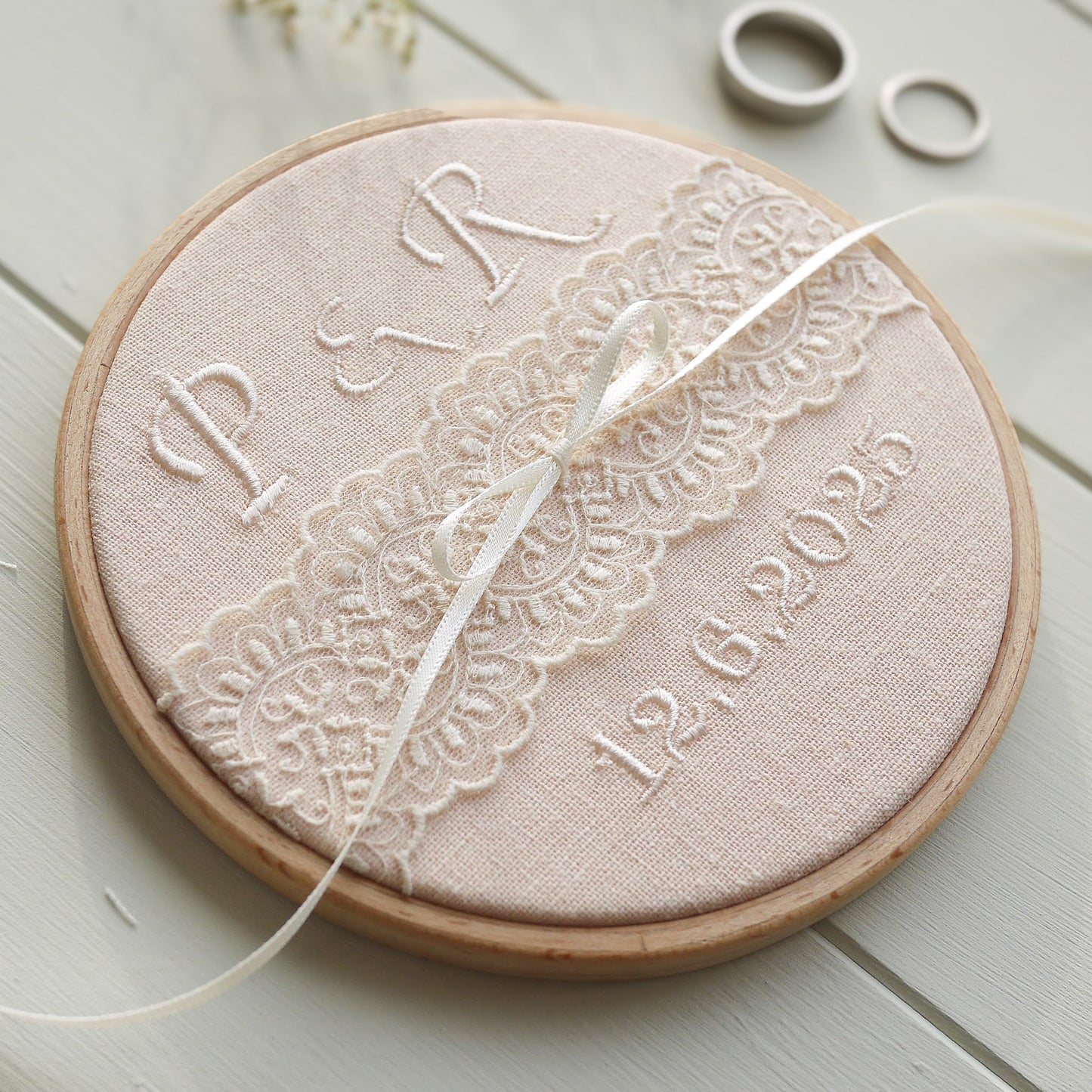 Personalised Lace Wedding Ring Holder | Blush Pink Embroidered Lace Ring Pillow Alternative