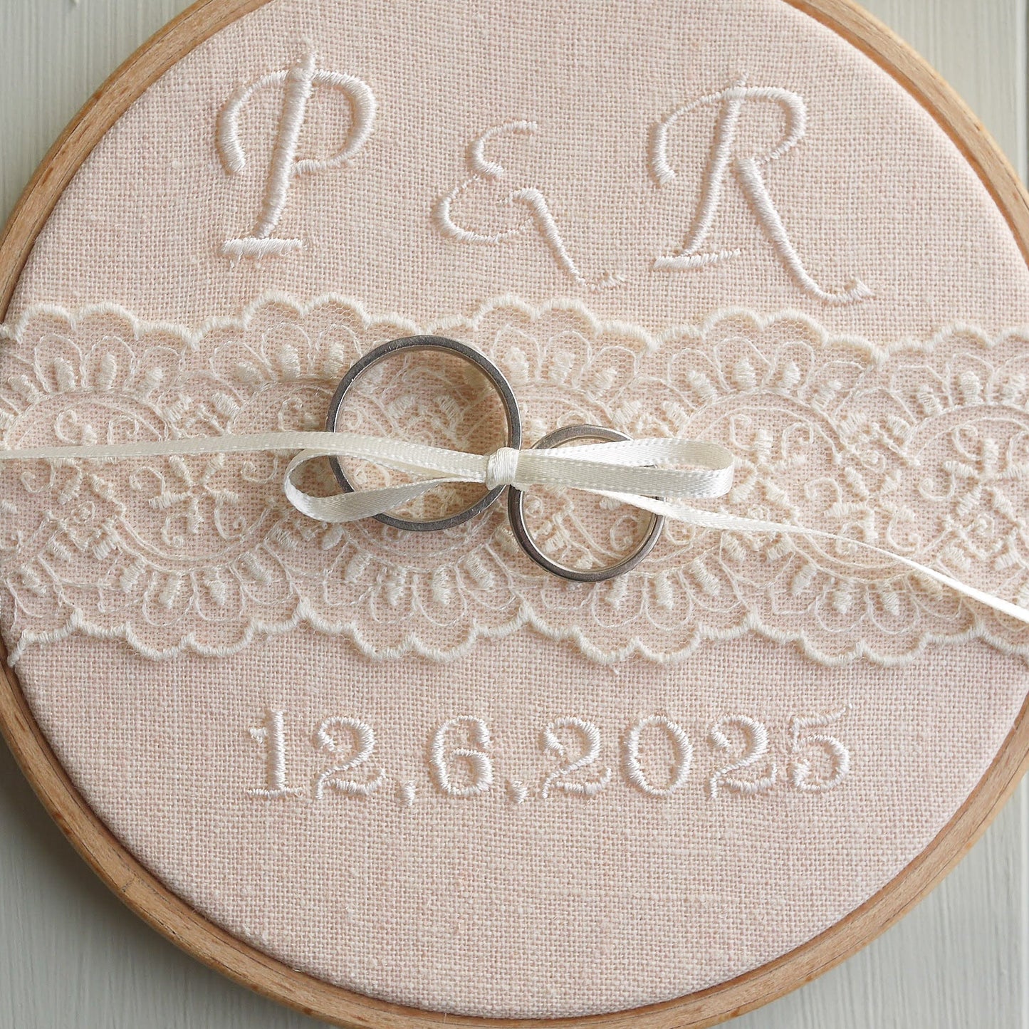 Personalised Lace Wedding Ring Holder | Blush Pink Embroidered Lace Ring Pillow Alternative