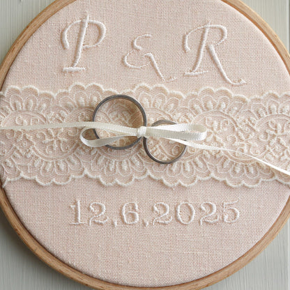 Personalised Lace Wedding Ring Holder | Blush Pink Embroidered Lace Ring Pillow Alternative