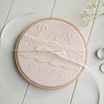 Personalised Lace Wedding Ring Holder | Blush Pink Embroidered Lace Ring Pillow Alternative