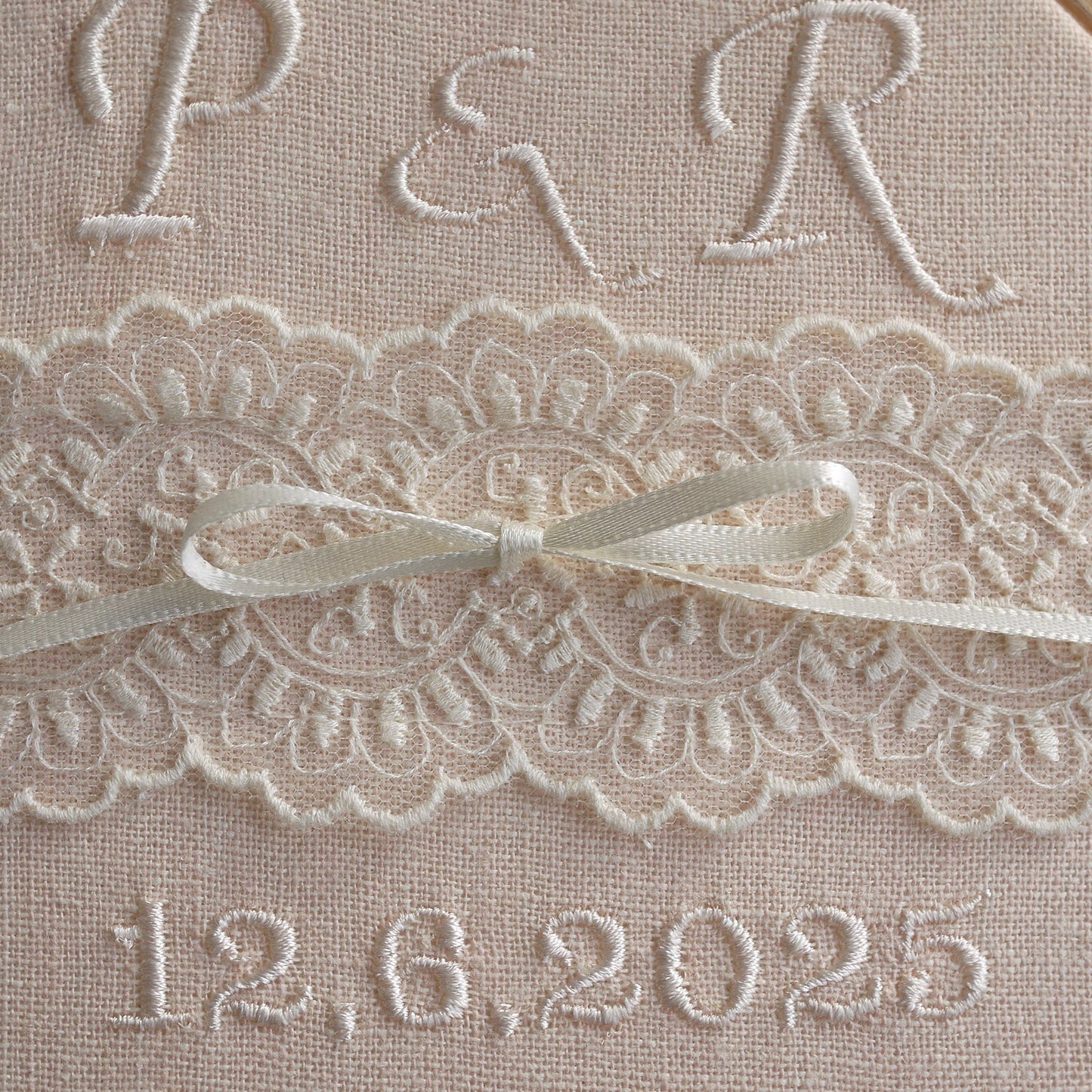 Personalised Lace Wedding Ring Holder | Blush Pink Embroidered Lace Ring Pillow Alternative