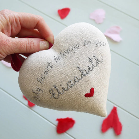 Linen Heart Personalised Gift with Porcelain Heart Ornament