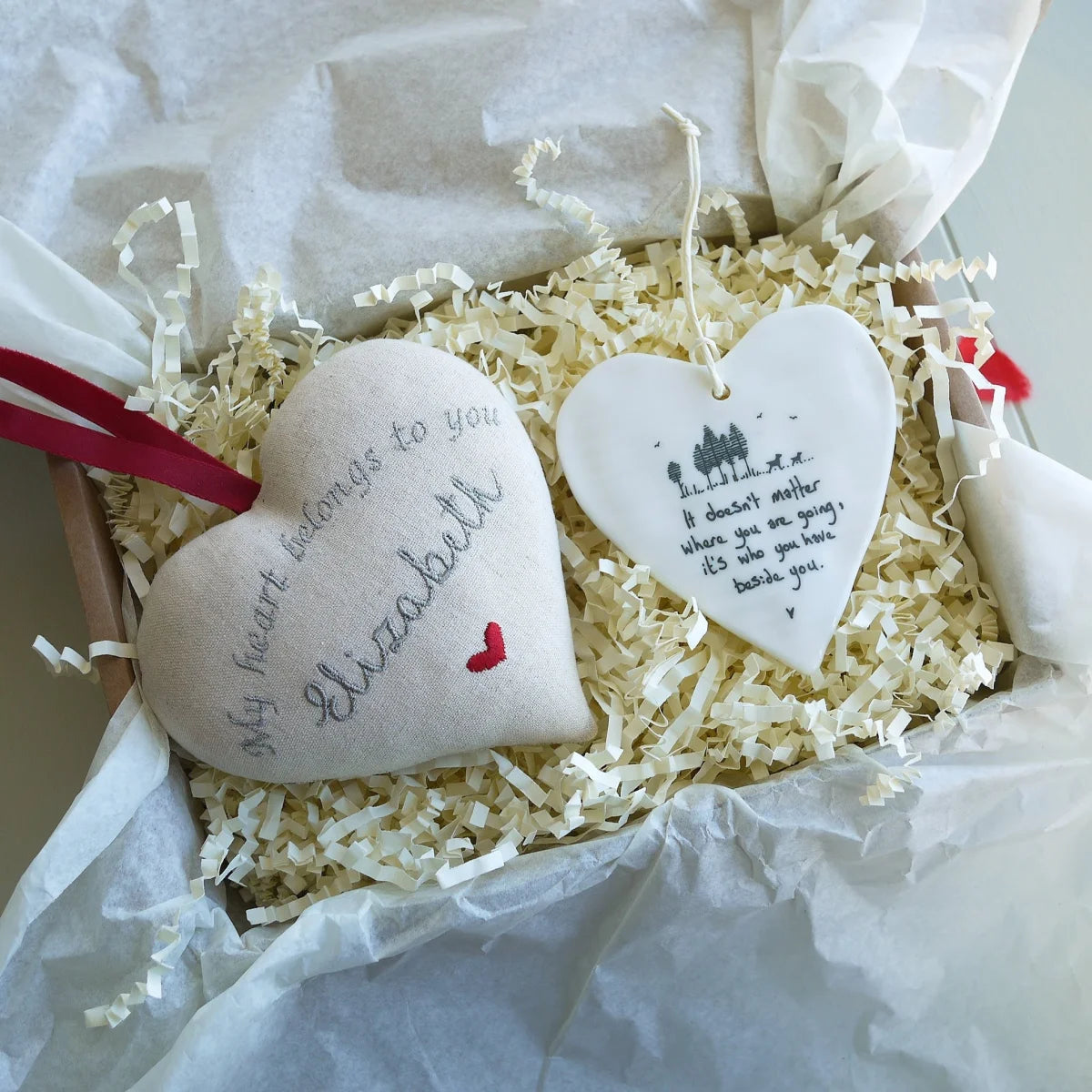 Personalised Linen Heart Gift with Porcelain Heart Ornament