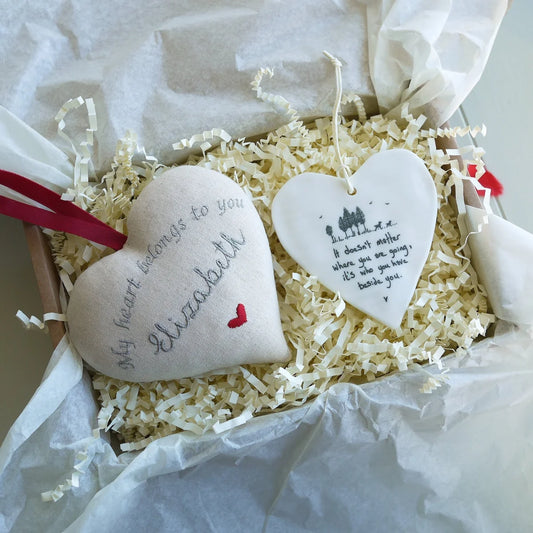 Linen Heart Personalised Gift with Porcelain Heart Ornament