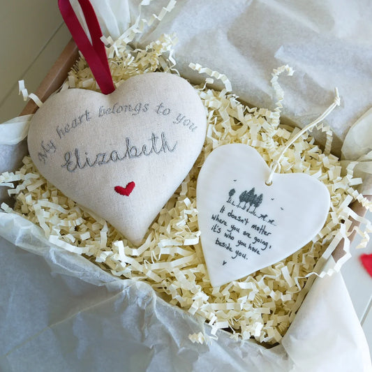 Personalised Linen Heart Gift with Porcelain Heart Ornament