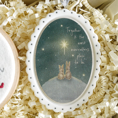Personalised Mr and Mrs Xmas Decoration and Keepsake Gift Box- Embroidered Names Mistletoe and Ribbon