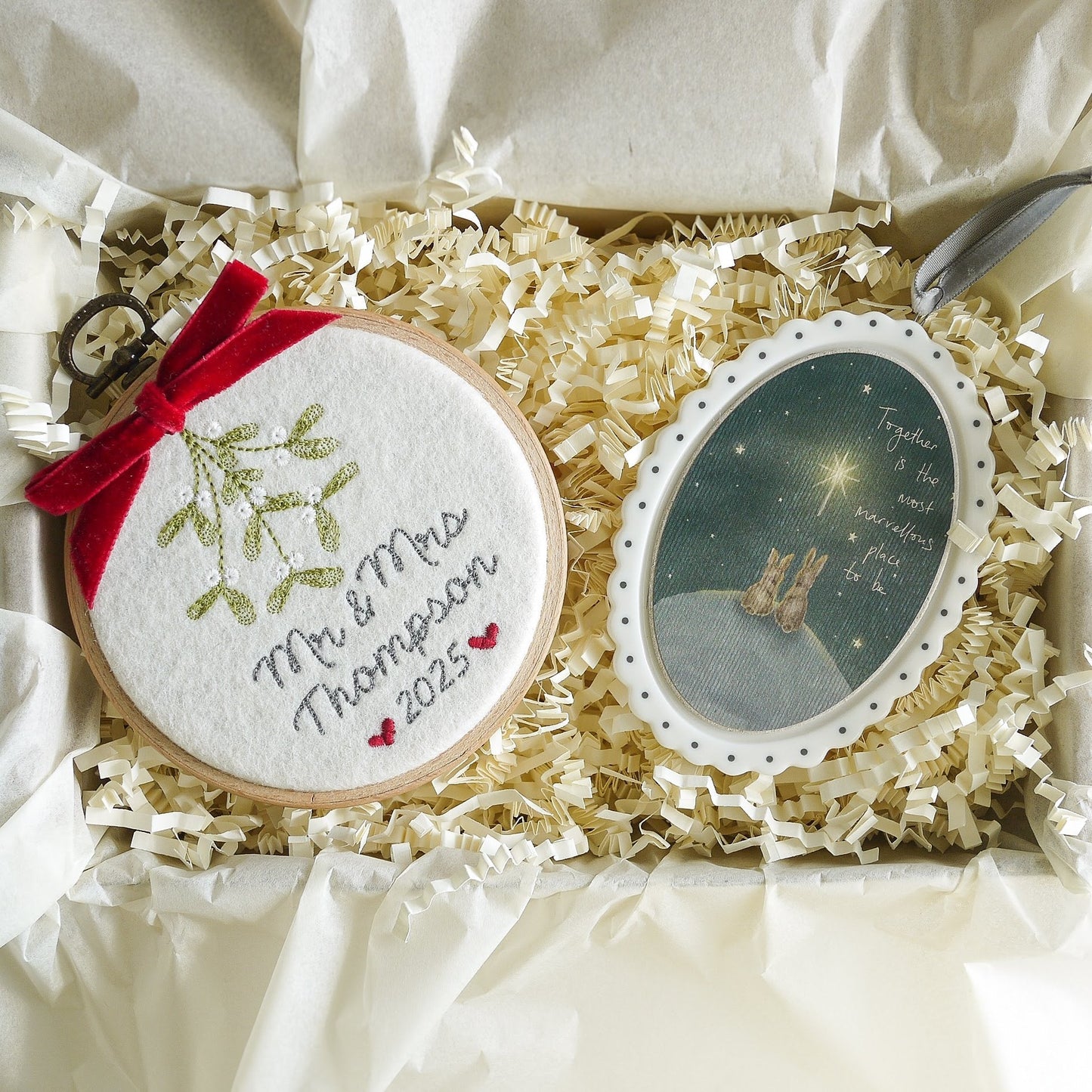 Personalised Mr and Mrs Xmas Decoration and Keepsake Gift Box- Embroidered Names Mistletoe and Ribbon