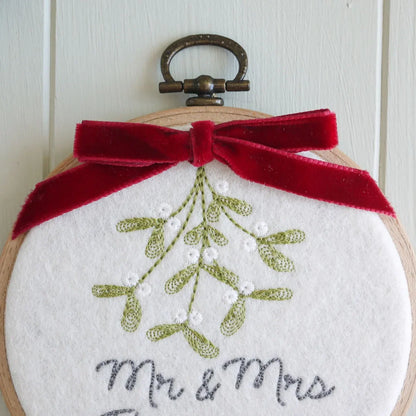Personalised Mr and Mrs Xmas Decoration and Keepsake Gift Box- Embroidered Names Mistletoe and Ribbon