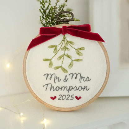 Personalised Mr and Mrs Xmas Decoration and Keepsake Gift Box- Embroidered Names Mistletoe and Ribbon