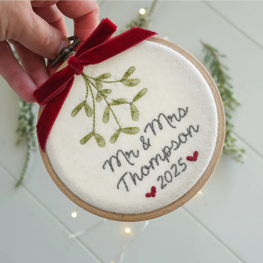 Personalised Mr and Mrs Xmas Decoration and Keepsake Gift Box- Embroidered Names Mistletoe and Ribbon