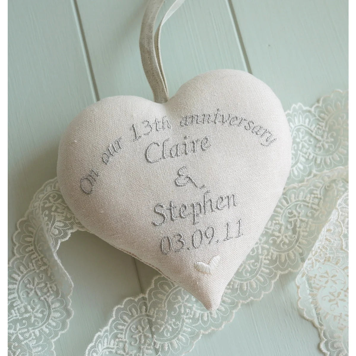 13th Anniversary Embroidered Lace Heart Gift