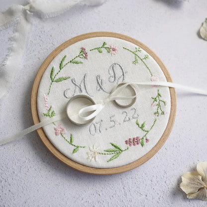 Personalised Wedding Ring Holder Embroidered Pink Wildflowers
