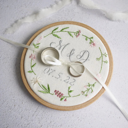Personalised Wedding Ring Holder Embroidered Pink Wildflowers