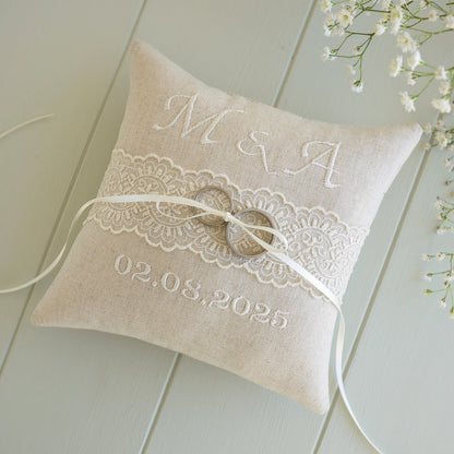 Personalised Wedding Ring Pillow in Beige with Cream Lace and Embroidered Text