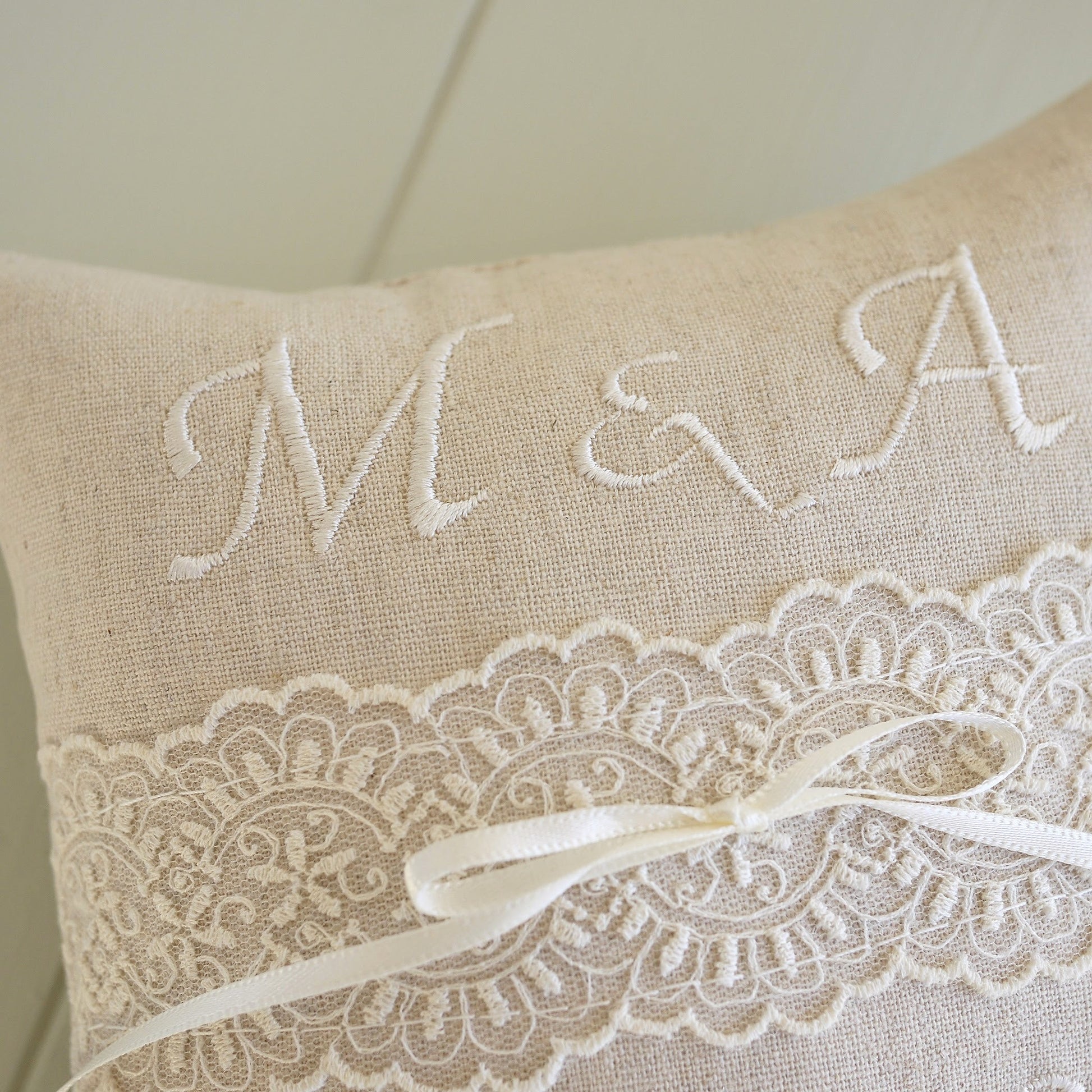 Personalised Wedding Ring Pillow in Beige with Cream Lace and Embroidered Text